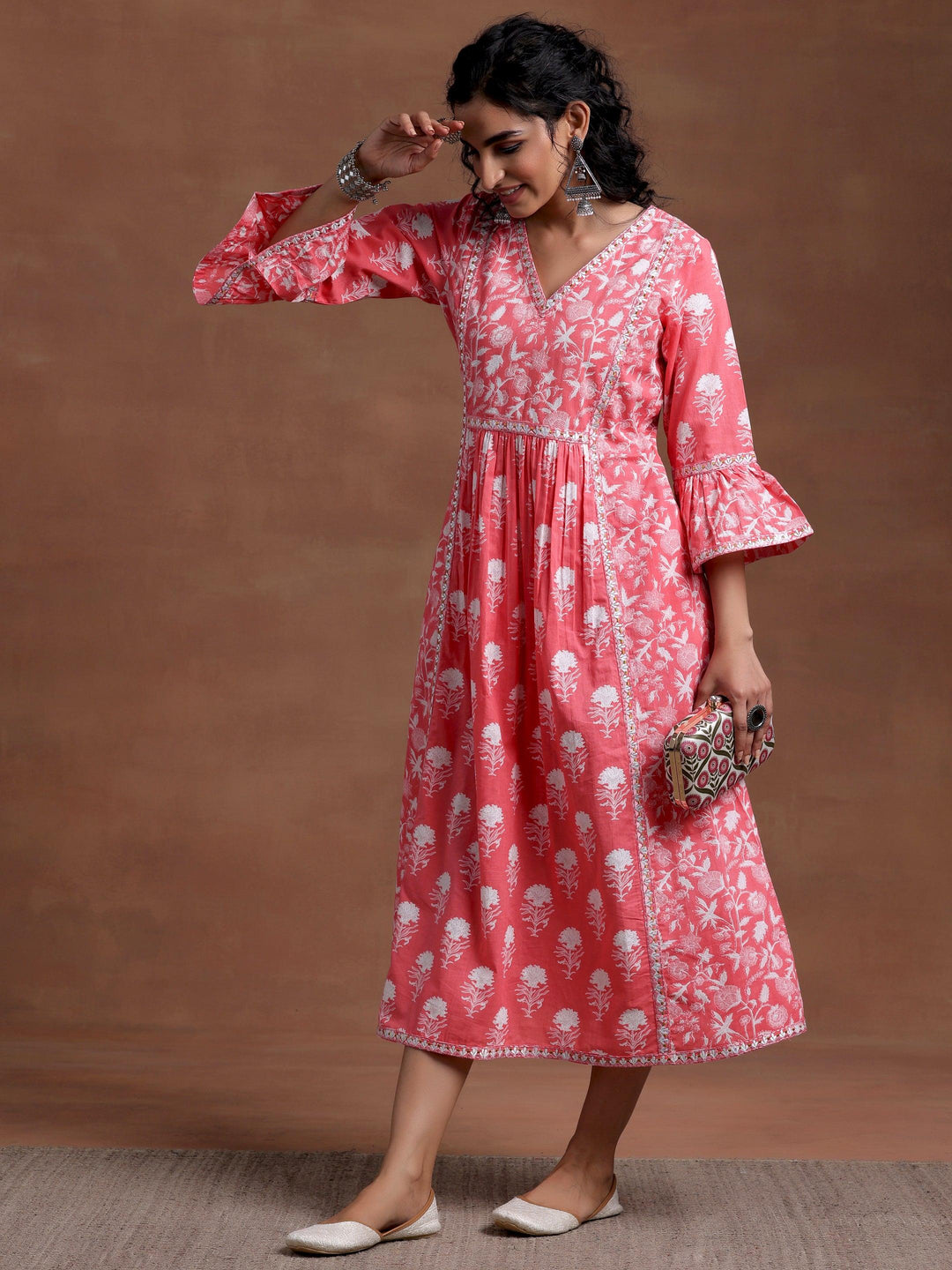 Pink Printed Cotton A-Line Dress - Libas