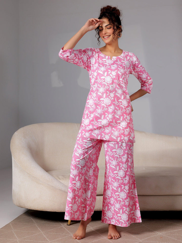 Pink Printed Cotton Night Suits - Libas