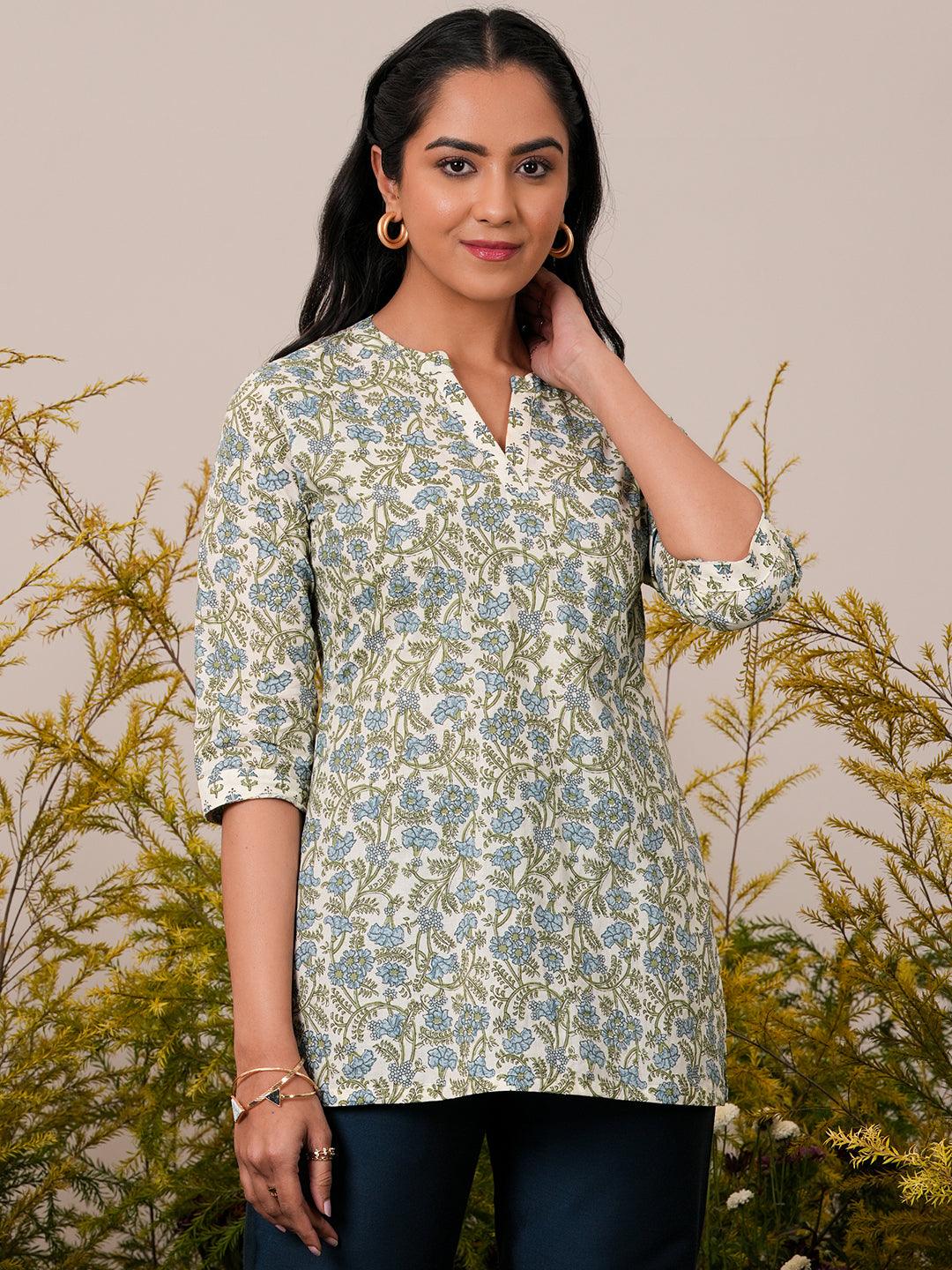 Off White Printed Cotton Straight Kurti - Libas