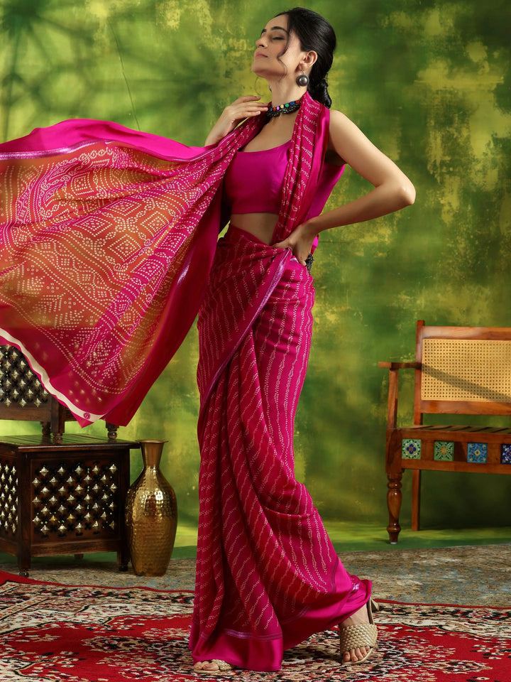 Pink Printed Satin Saree With Unstitched Blouse Piece - Libas