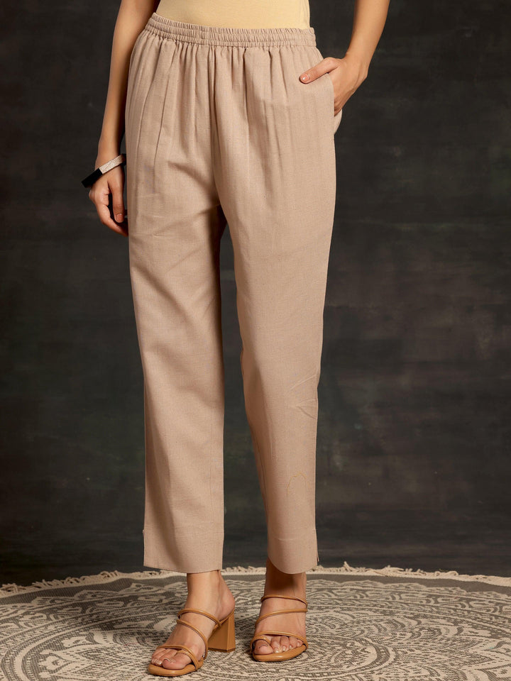 Beige Solid Cotton Straight Fit Trousers - Libas