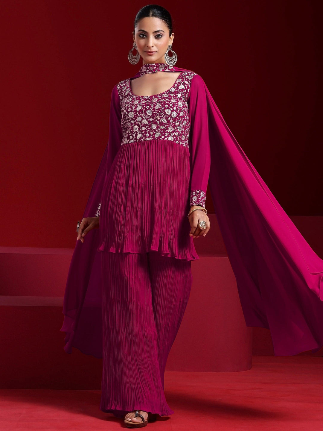 Libas Art Pink Embroidered Georgette A-Line Kurta With Sharara & Dupatta - Libas