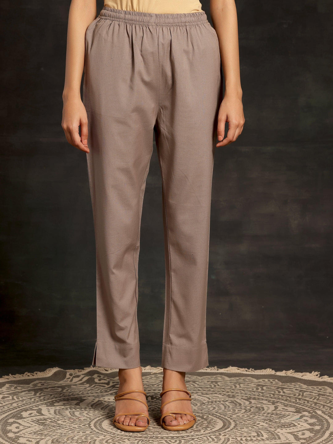 Grey Solid Cotton Straight Fit Trousers - Libas 