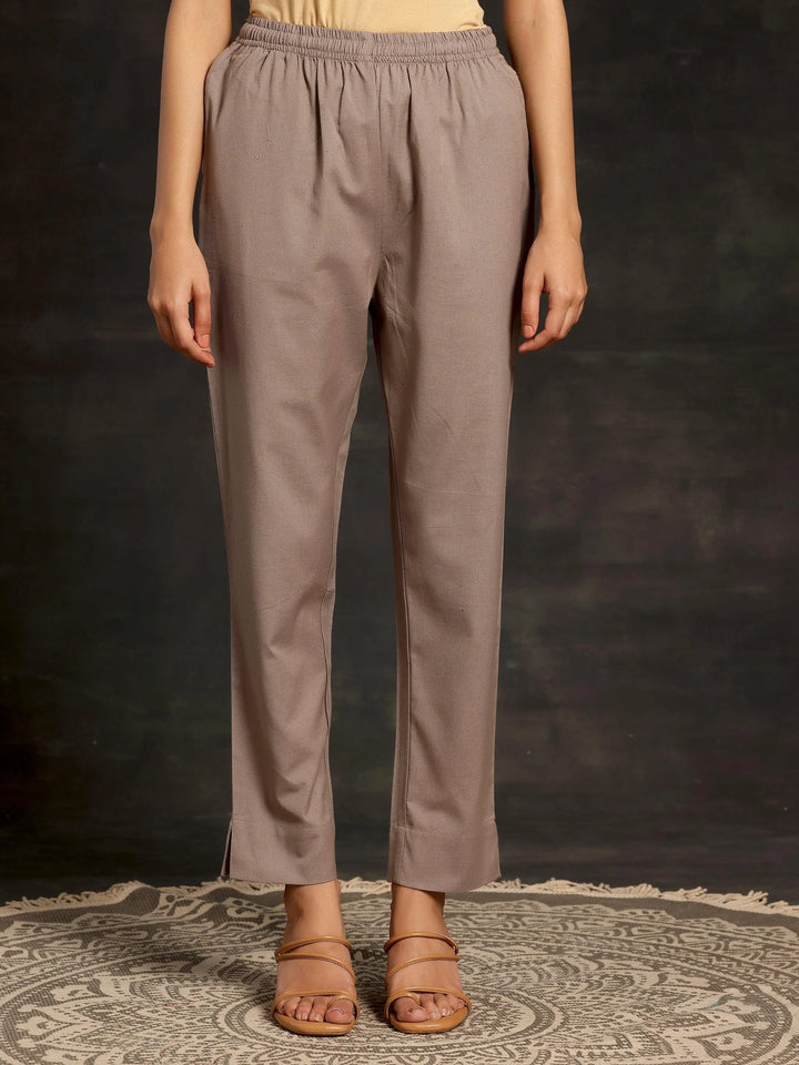 Grey Solid Cotton Straight Fit Trousers - Libas