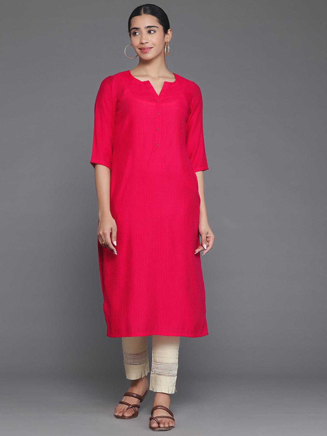 Red Woven Design Silk Straight Kurta - Libas 