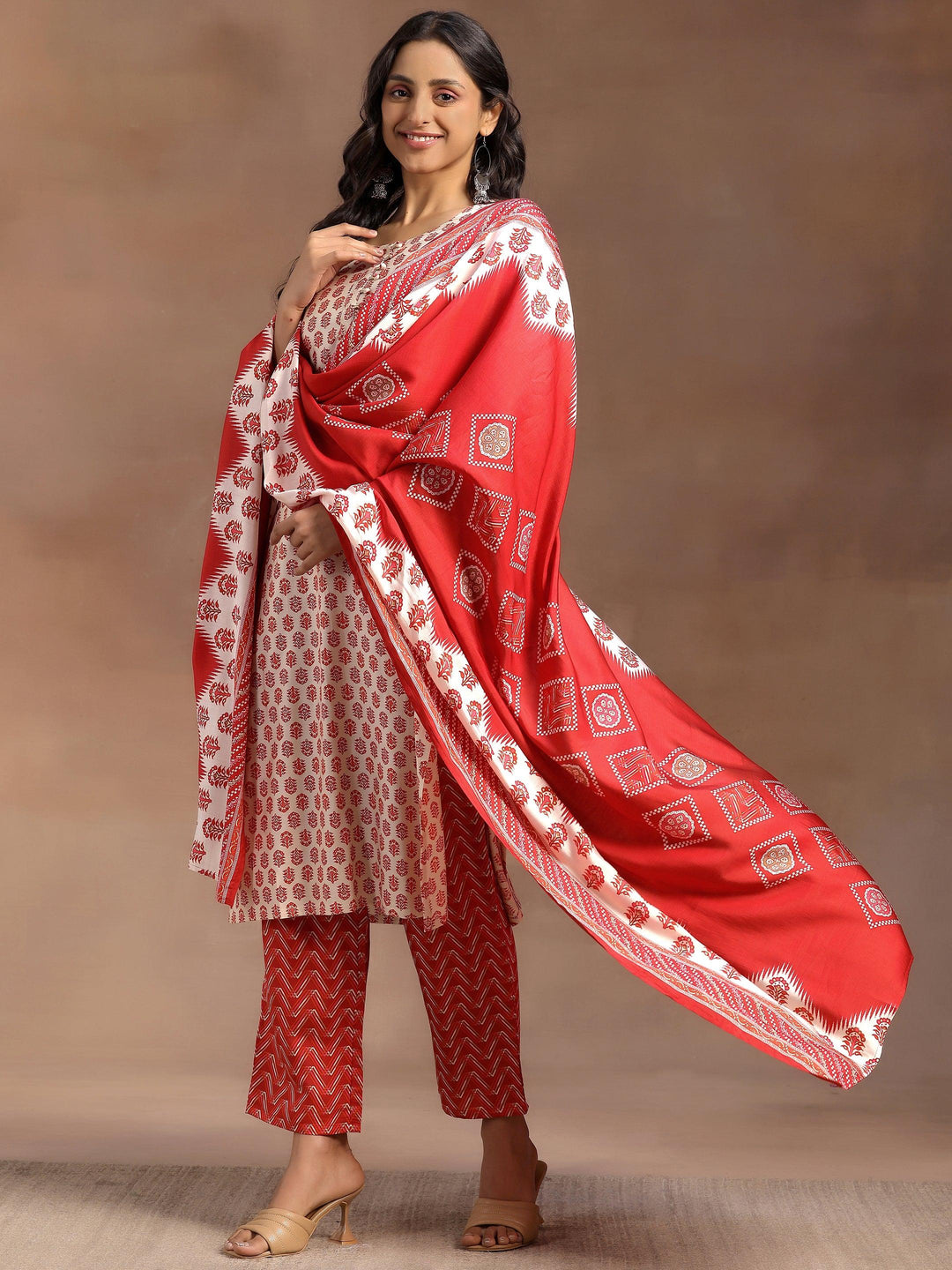 Beige Printed Silk Blend Straight Suit With Dupatta - Libas 