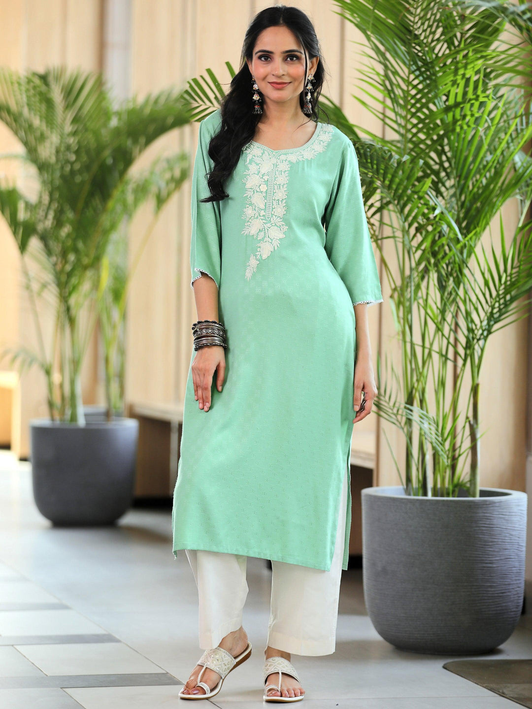 Green Yoke Design Rayon Straight Kurta - Libas 