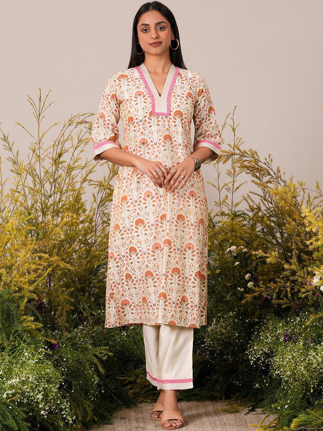 Beige Printed Chanderi Silk A-Line Kurta With Palazzos - Libas 