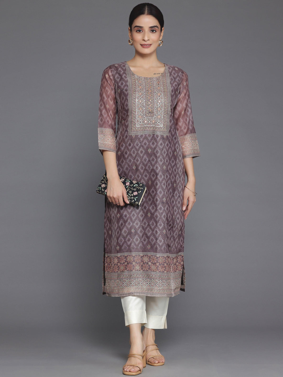 Brown Embellished Chanderi Silk Straight Kurta - Libas