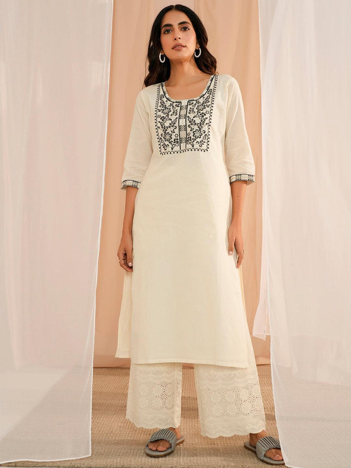 Off White Yoke Design Cotton Straight Kurta - Libas