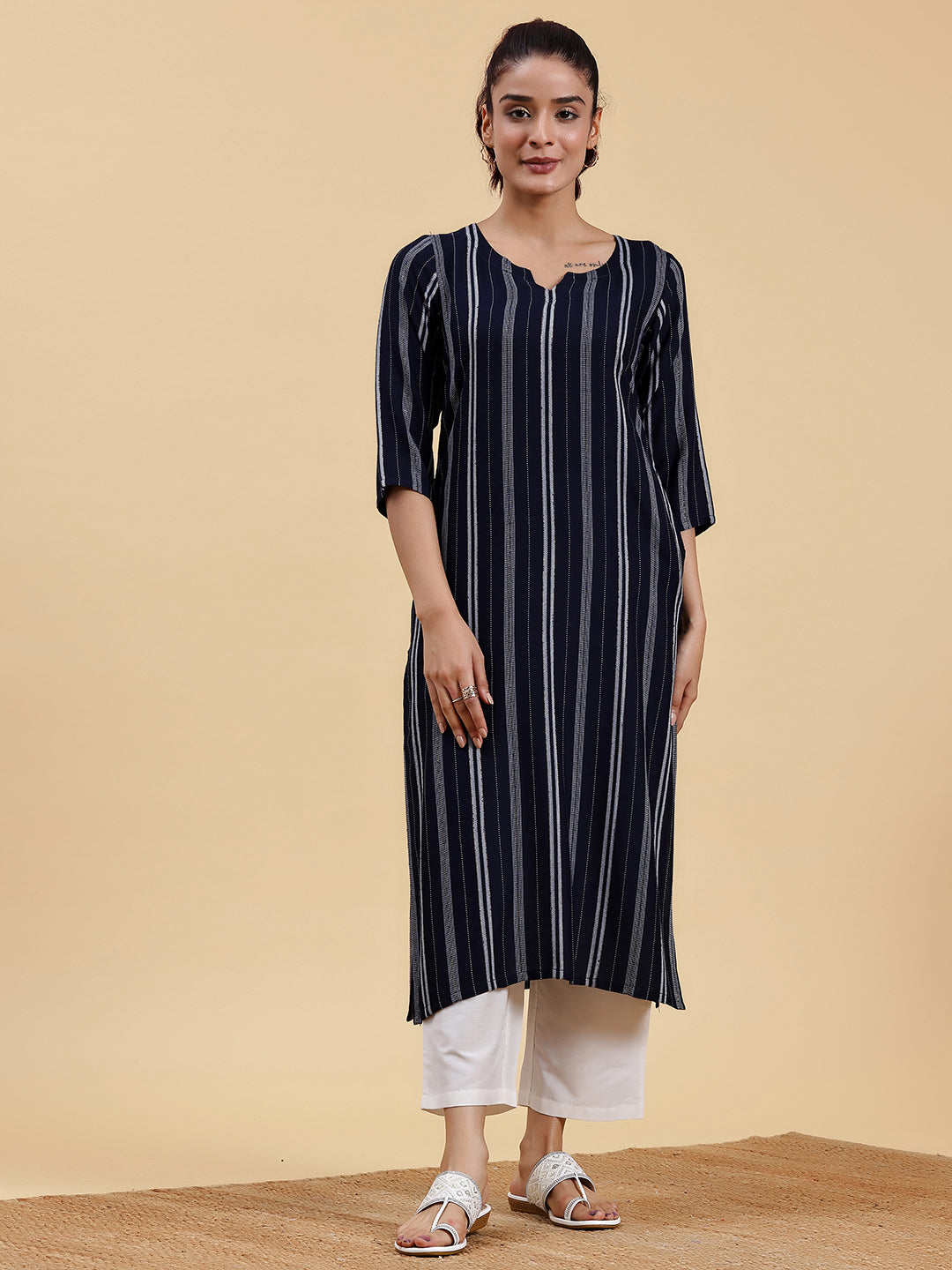  Navy Blue Woven Design Rayon Straight Kurta 