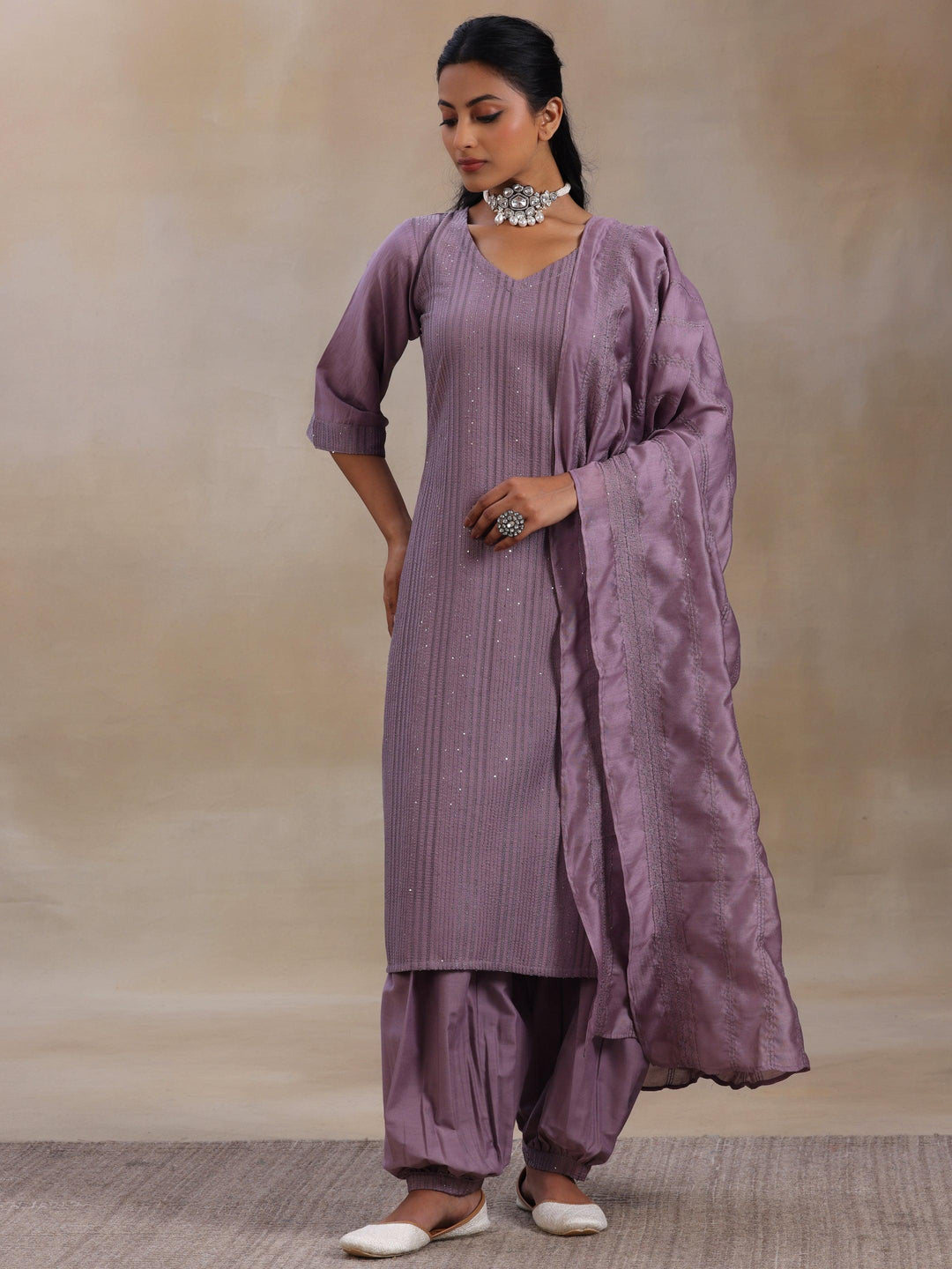 Mauve Self Design Silk Blend Straight Suit With Dupatta - Libas 