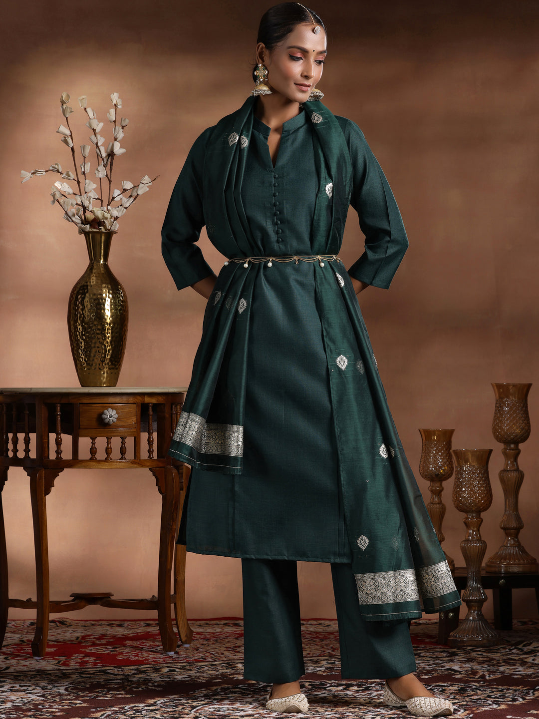 Green Solid Silk Blend Straight Suit With Dupatta