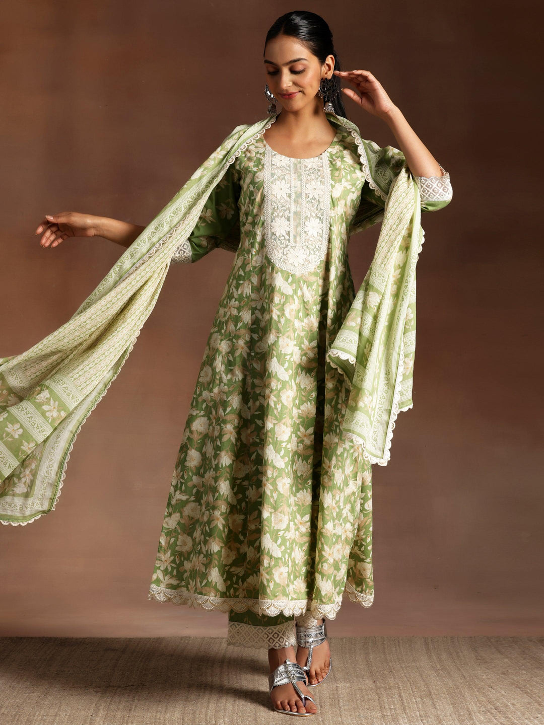 Green Printed Cotton A-Line Kurta With Trousers & Dupatta - Libas 