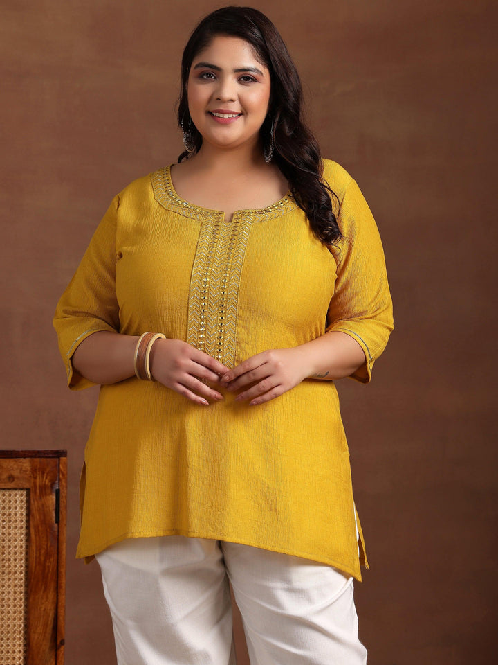 Plus Size Mustard Woven Design Cotton Blend Straight Kurti - Libas