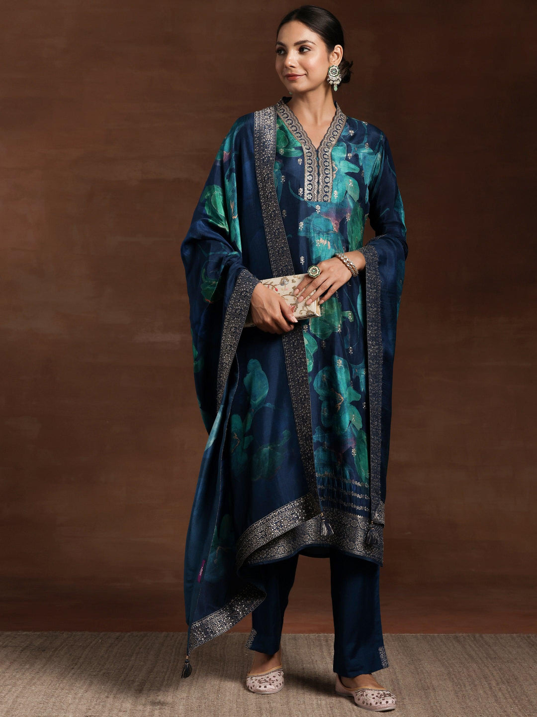 Blue Printed Silk Blend Straight Suit With Dupatta - Libas 