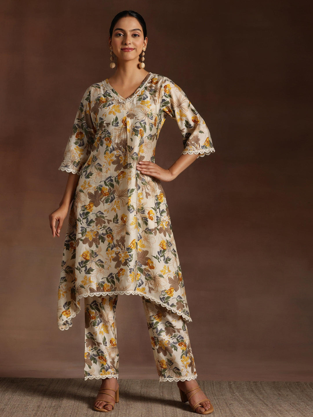 Beige Printed Chanderi Silk A-Line Kurta With Trousers - Libas 