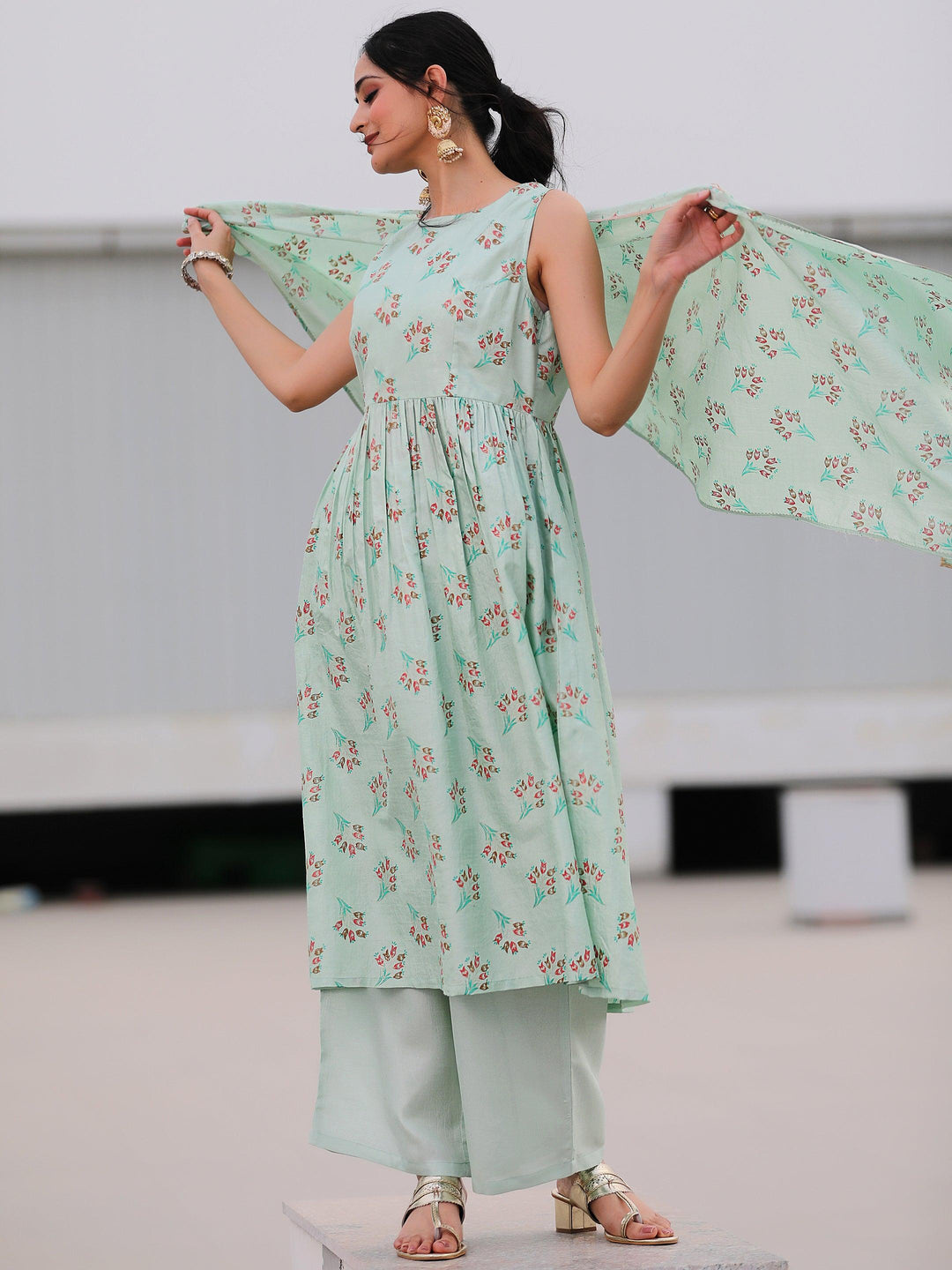 Sea green Printed Silk Blend A-Line Kurta With Palazzos & Dupatta - Libas 