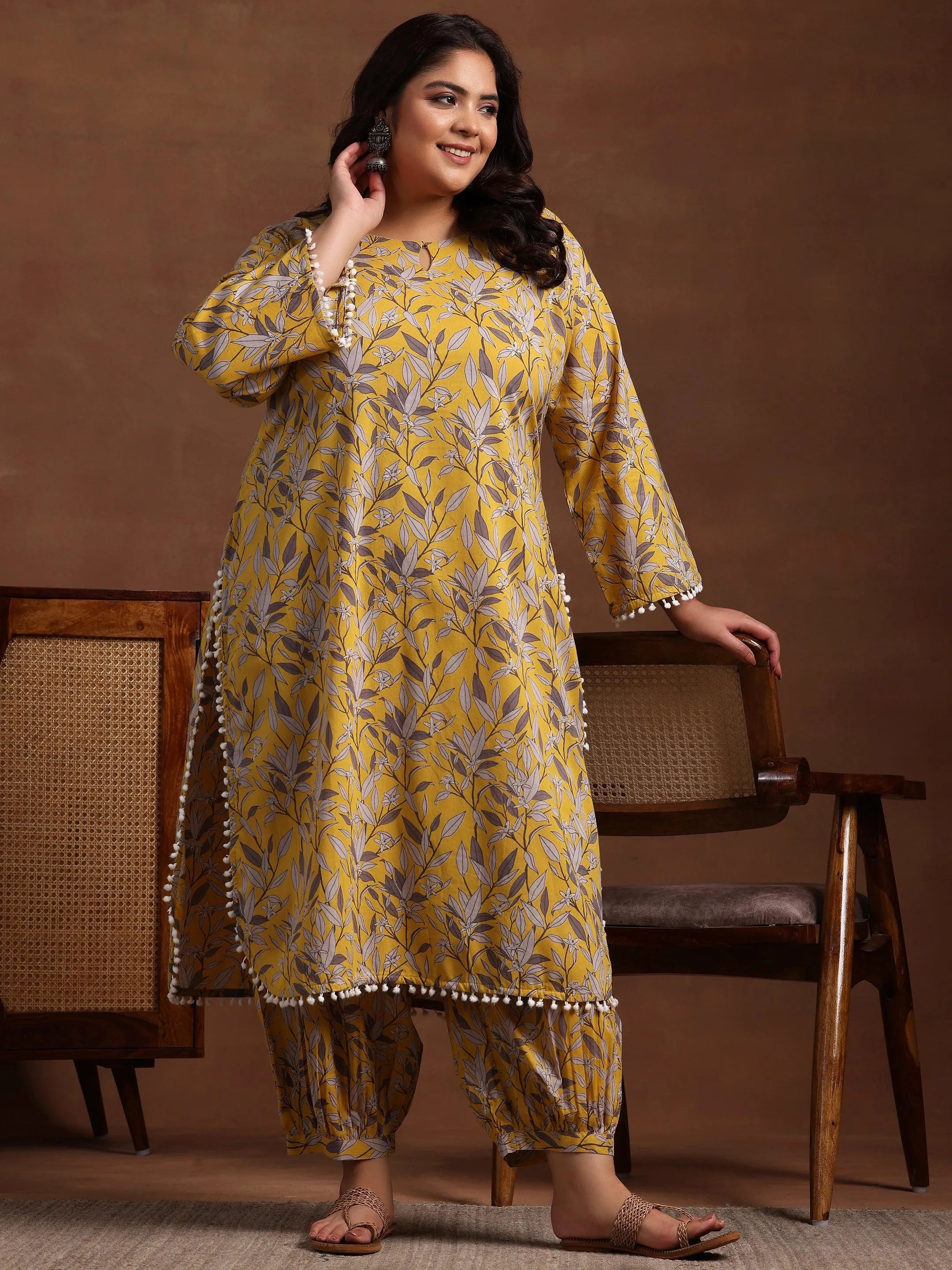 Buy Plus Size Mustard Printed Cotton Pathani Kurta With Salwar Online at Rs.1007 Libas