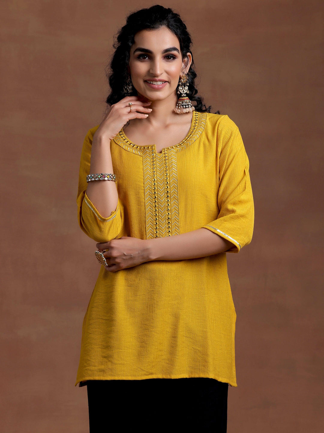 Mustard Self Design Cotton Blend Kurti - Libas 