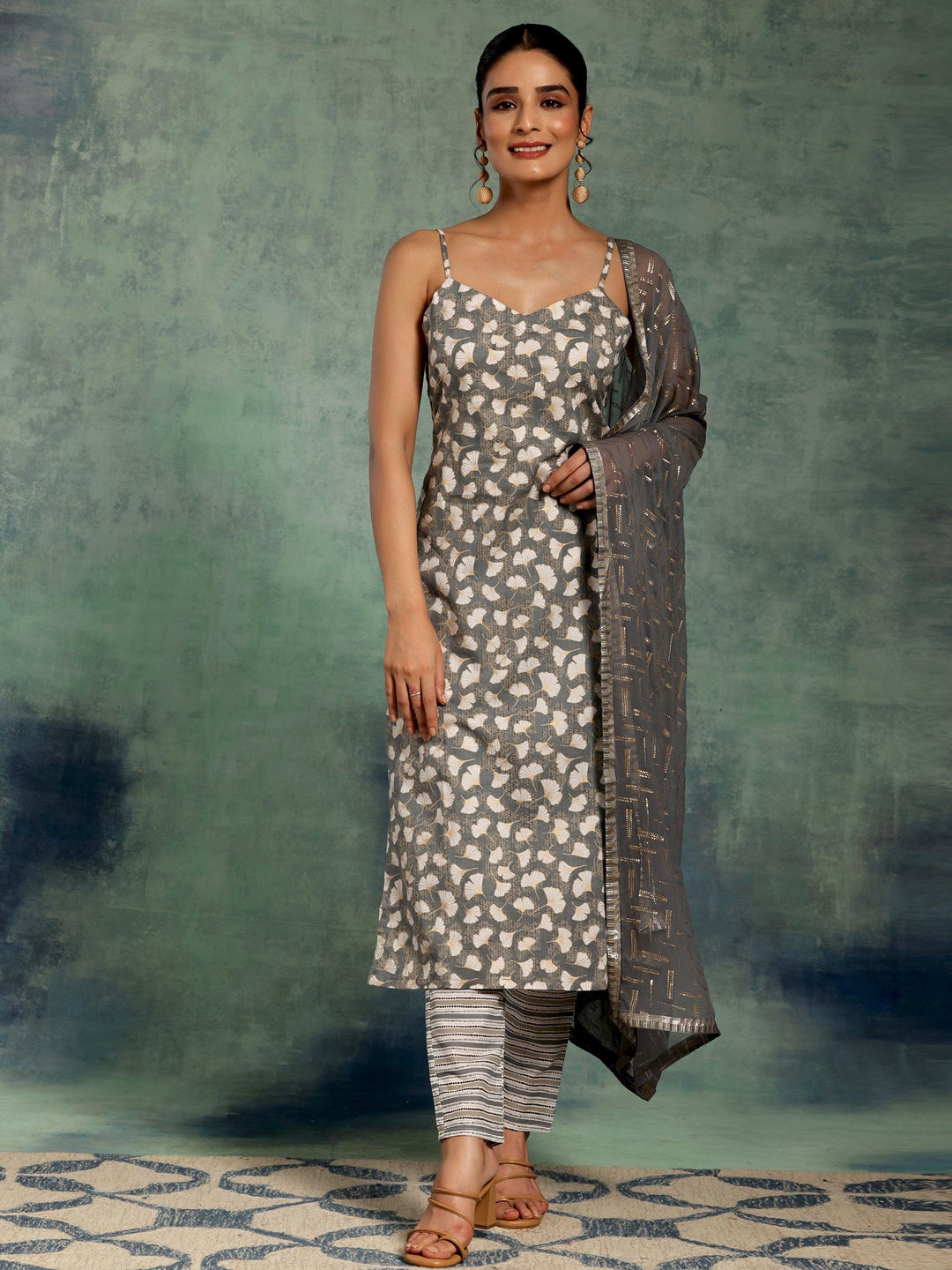 Grey Printed Cotton Straight Suit With Dupatta - Libas 