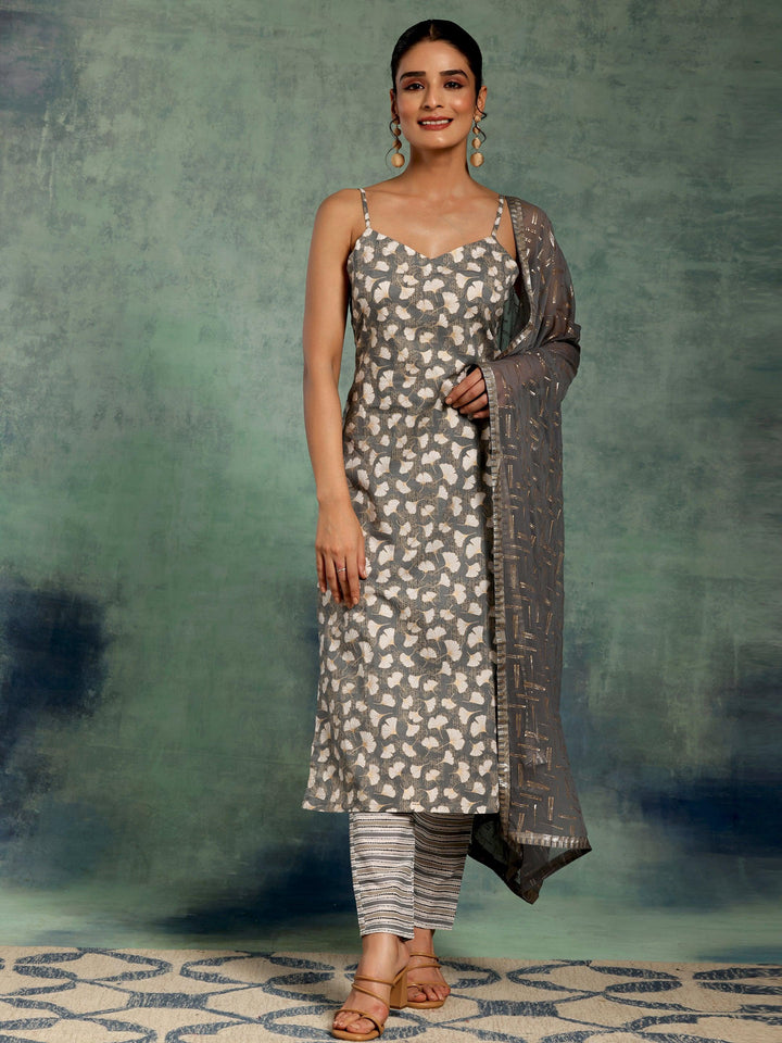 Grey Printed Cotton Straight Suit With Dupatta - Libas