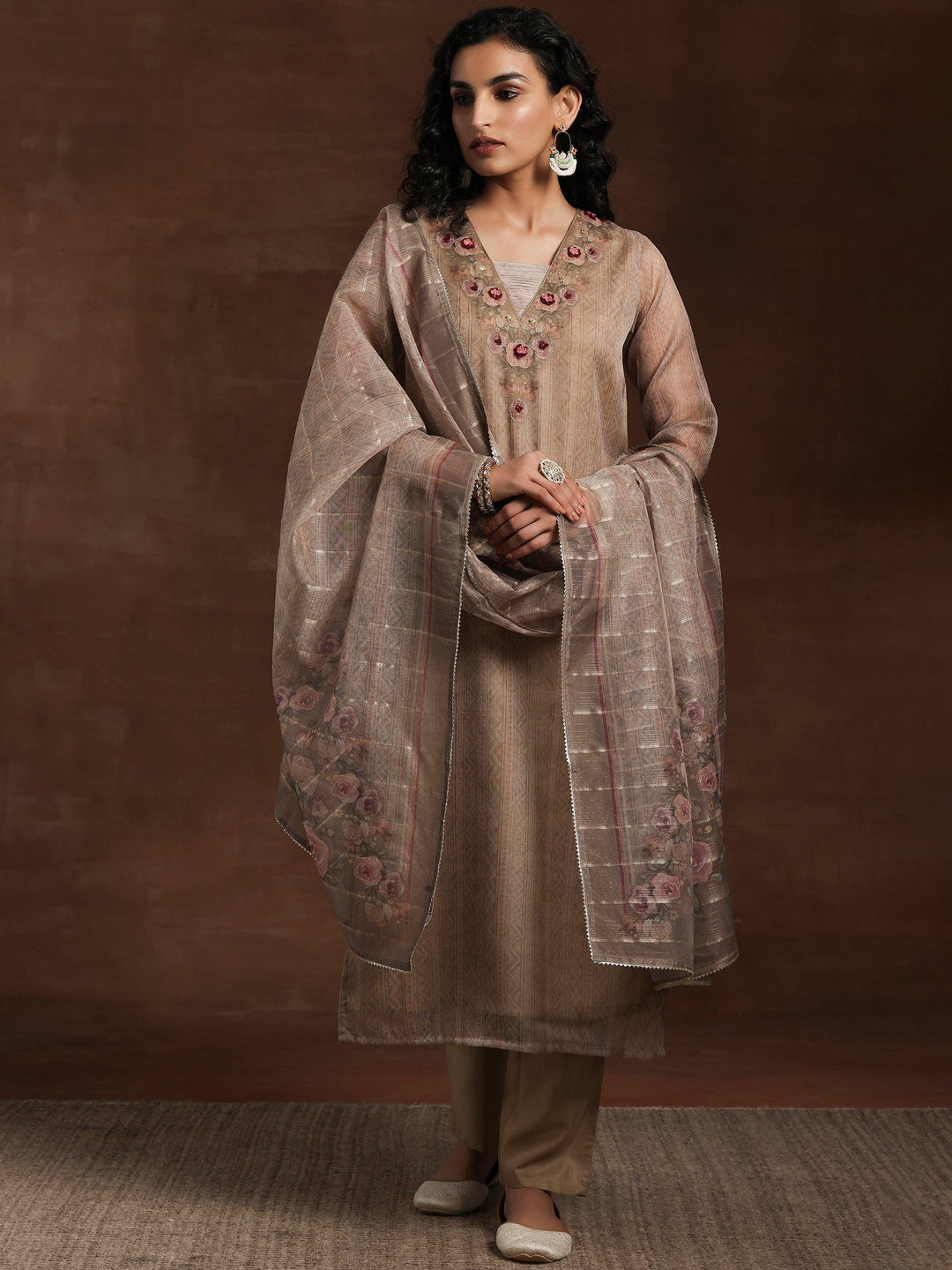 Tan Printed Organza Straight Suit With Dupatta - Libas 