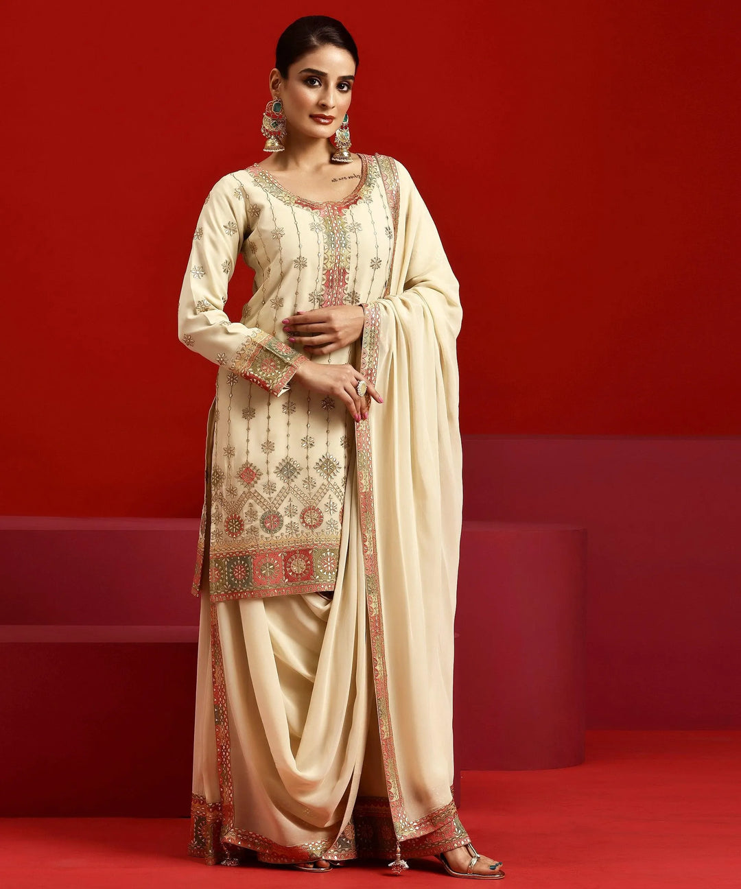  Libas Art Beige Embroidered Georgette Straight Suit With Dupatta 