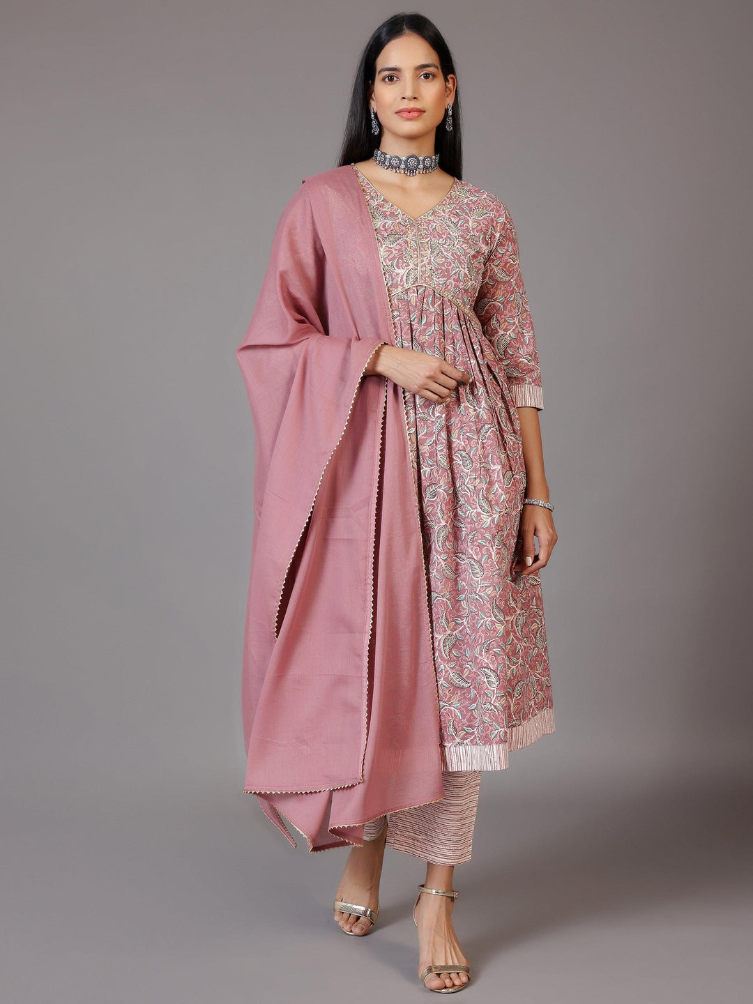 Pink Printed Cotton Anarkali Suit With Dupatta - Libas