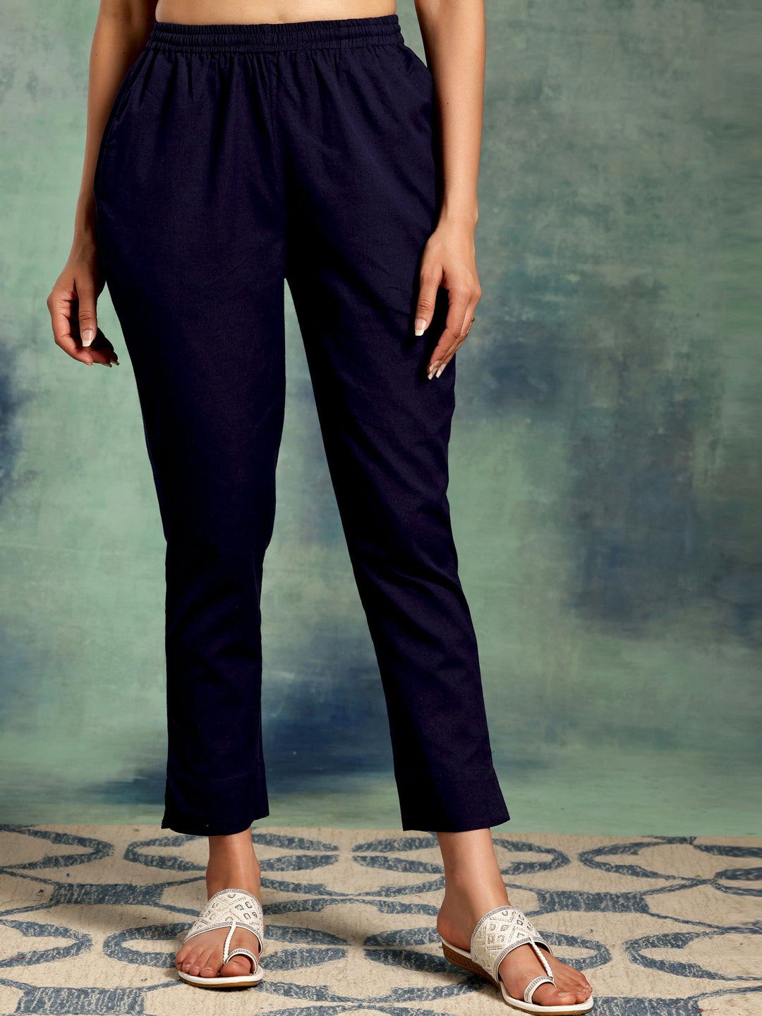 Navy Blue Solid Cotton Straight Fit Trousers - Libas 