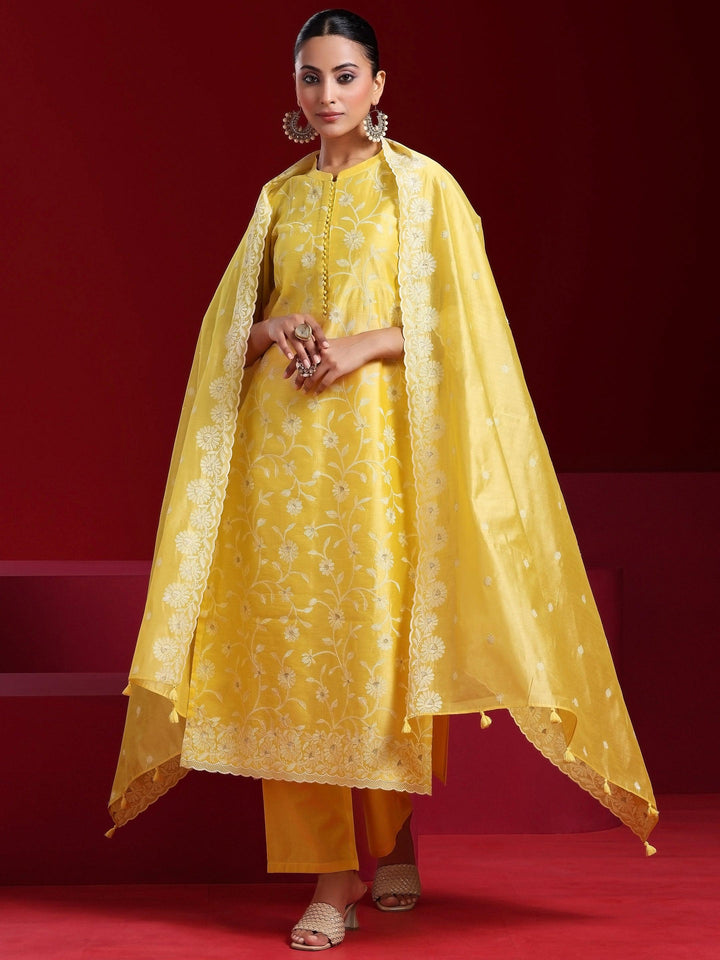 Buy Libas Art Yellow Embroidered Chanderi Silk Straight Suit With ...