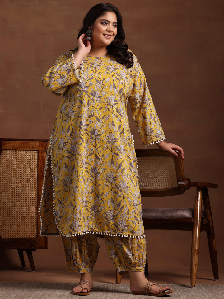 Plus Size Mustard Printed Cotton Pathani Kurta With Salwar - Libas