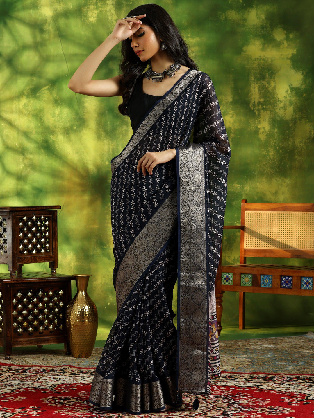 Blue Printed Silk Blend Saree With Unstitched Blouse Piece - Libas