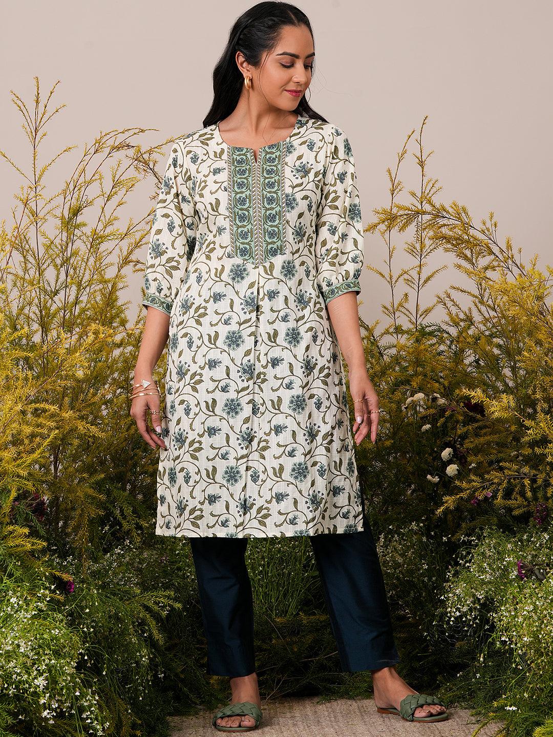 Beige Printed Cotton Straight Kurta - Libas 