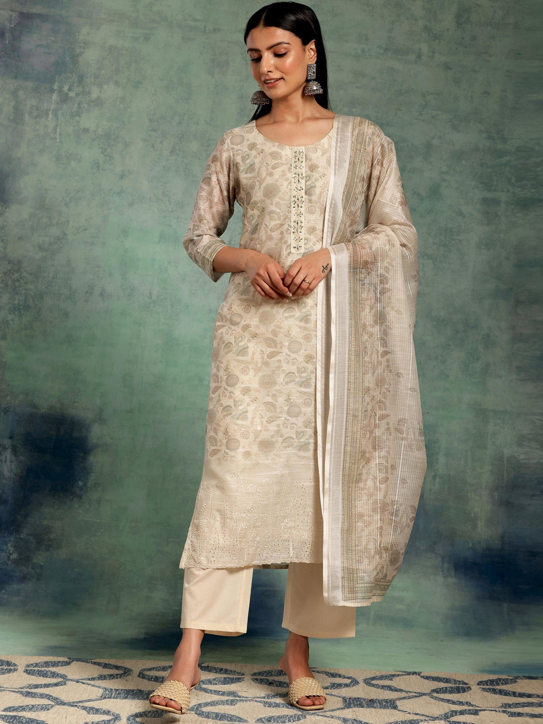 Beige Printed Chanderi Silk Straight Suit With Dupatta - Libas