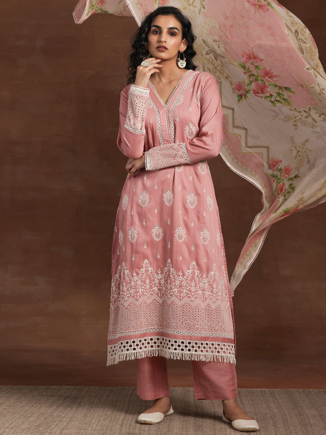 Pink Embroidered Silk Blend Straight Suit With Dupatta - Libas