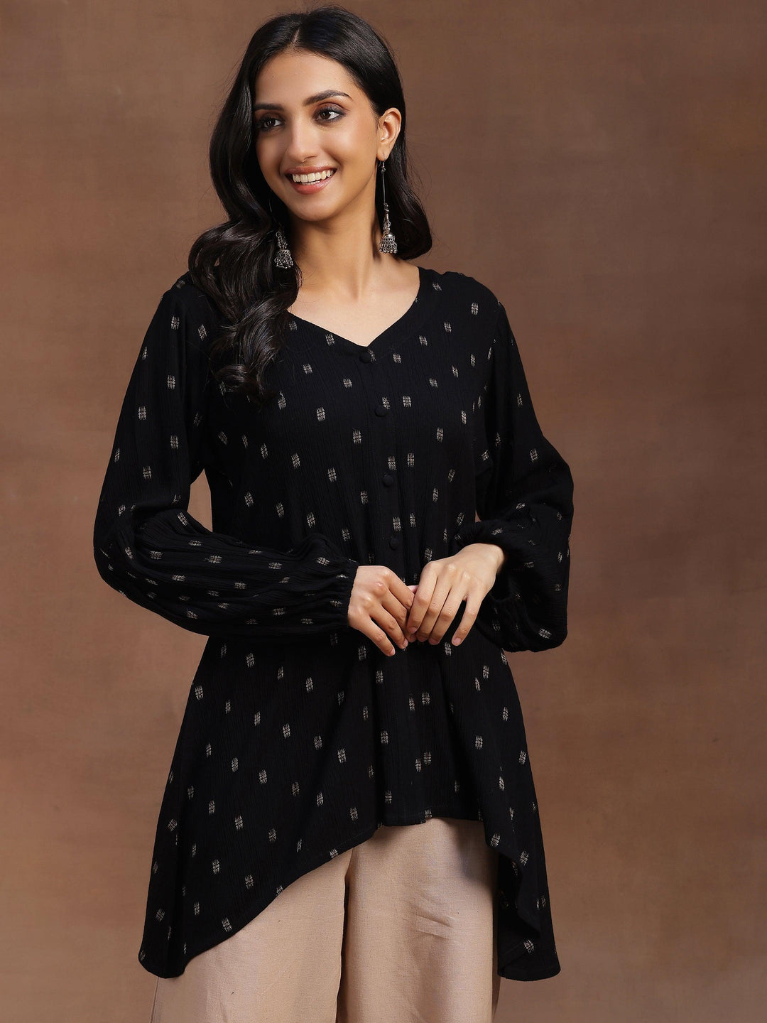  Black Woven Design Cotton A-line Kurti 