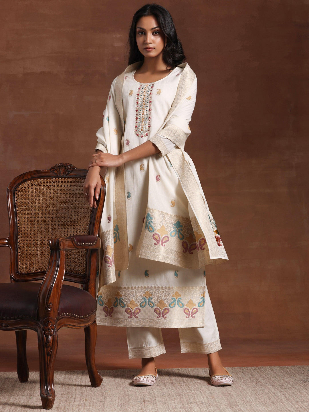 Off White Woven Design Cotton Straight Suit With Dupatta - Libas