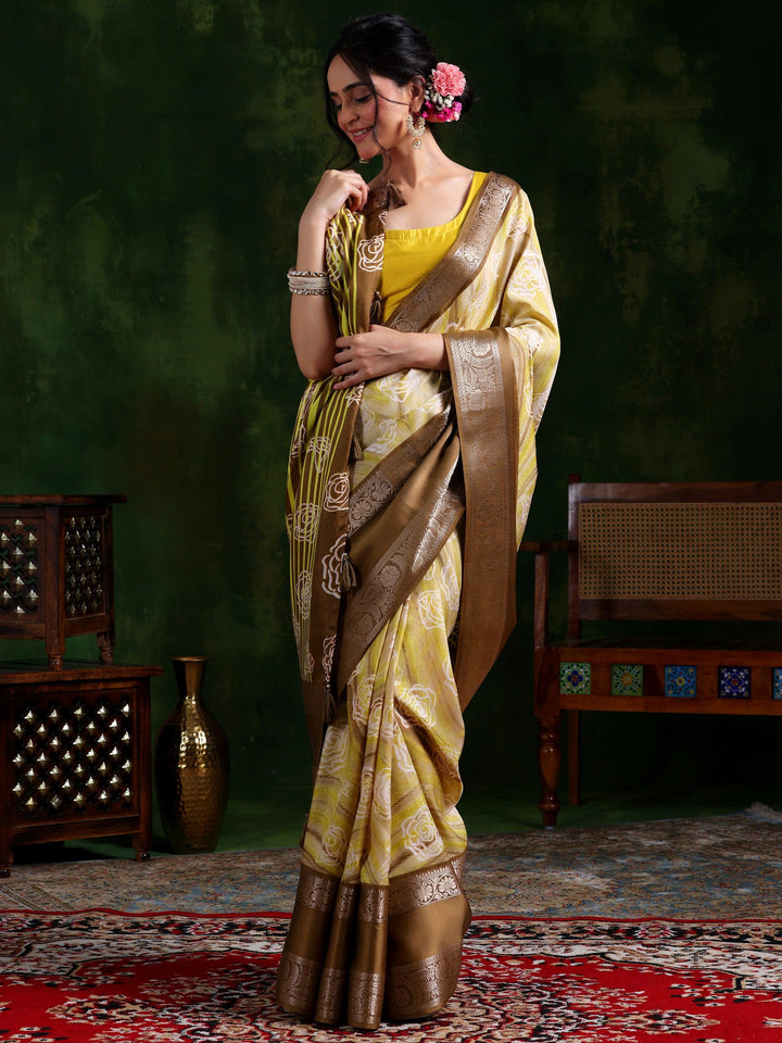 Khaki Brown Printed Silk Blend Saree With Unstitched Blouse Piece - Libas