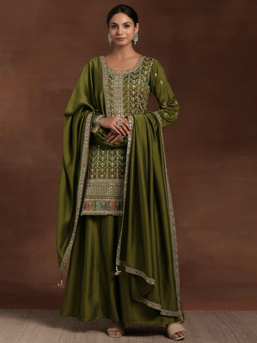 Olive Embroidered Silk Blend Straight Kurta With Palazzos & Dupatta - Libas 