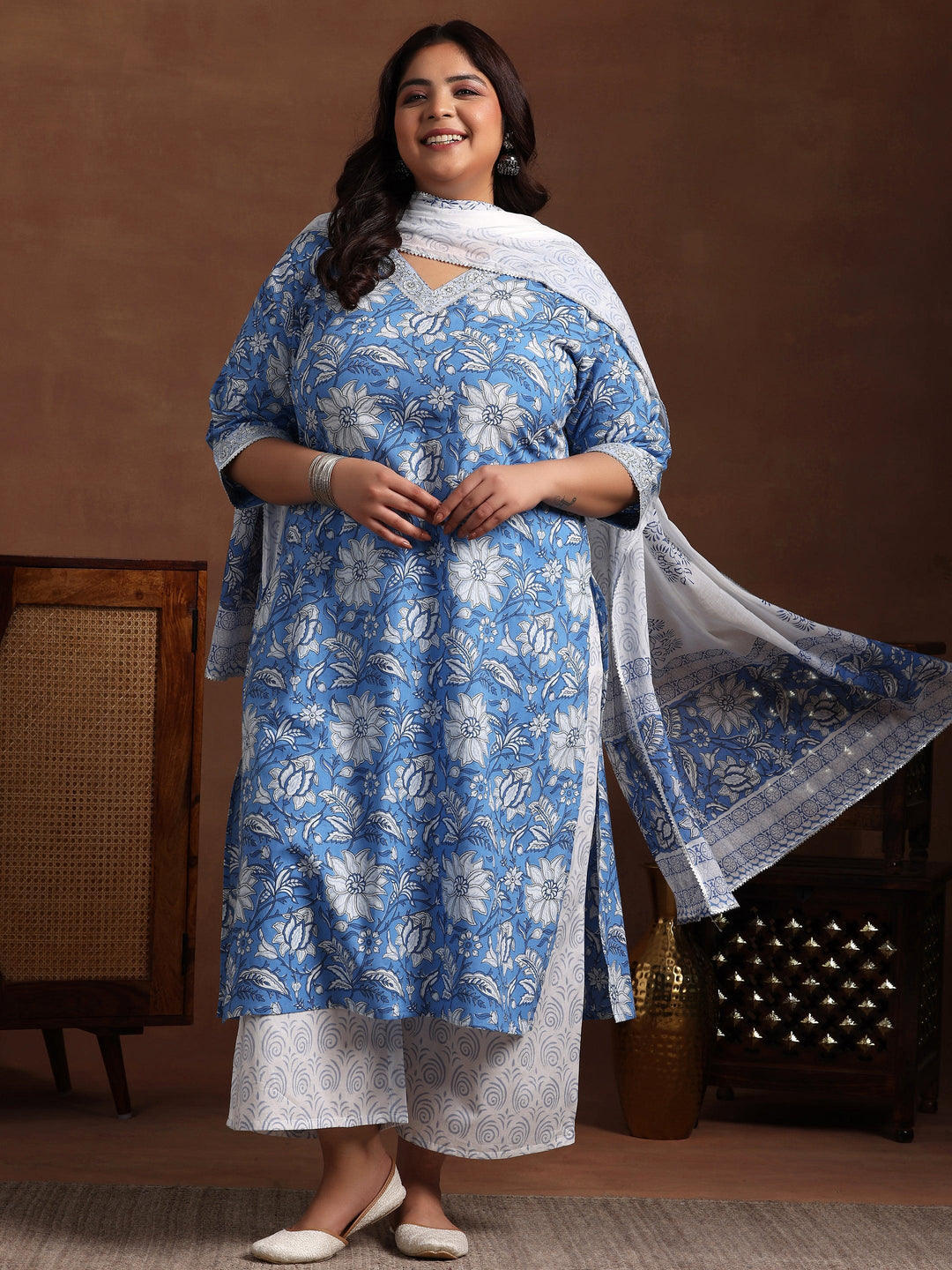 Plus Size Blue Printed Cotton Straight Suit With Dupatta - Libas 