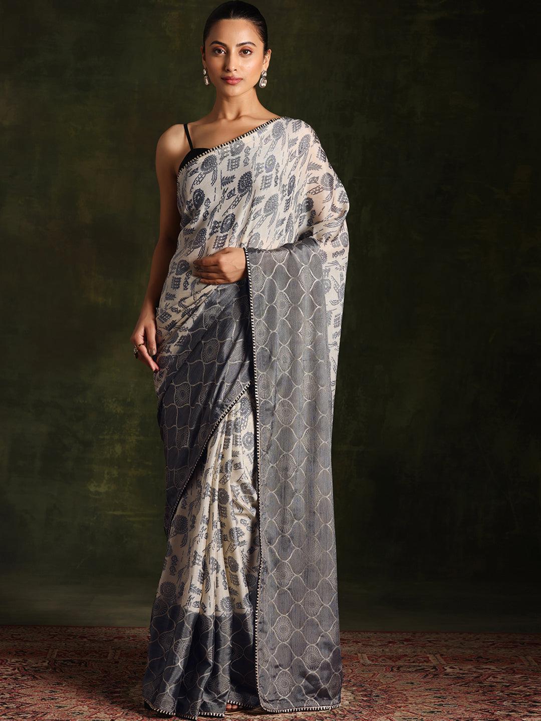 Beige Printed Silk Blend Saree With Unstitched Blouse Piece