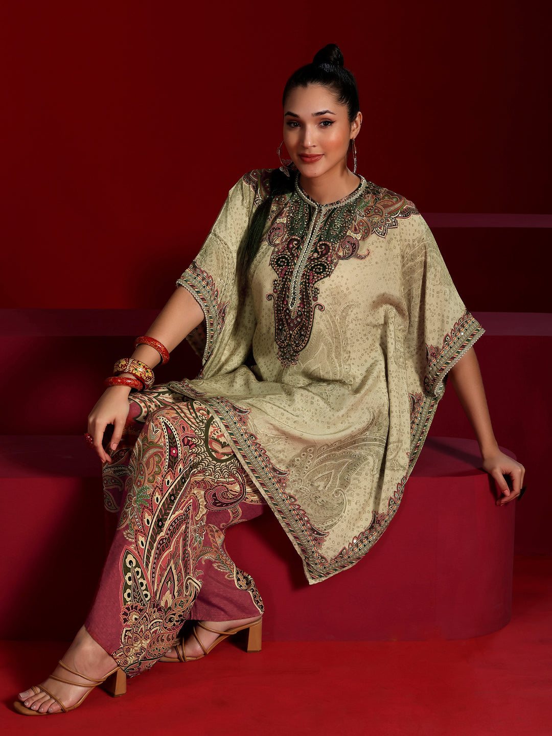  Libas Art Beige Printed Silk Blend Co-Ords 