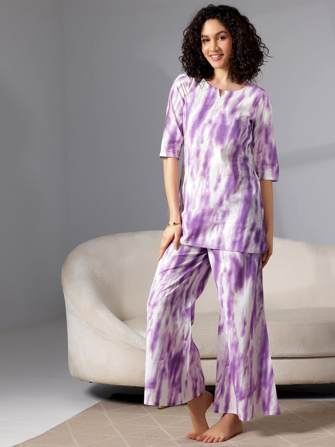 Purple Printed Cotton Night Suits - Libas 