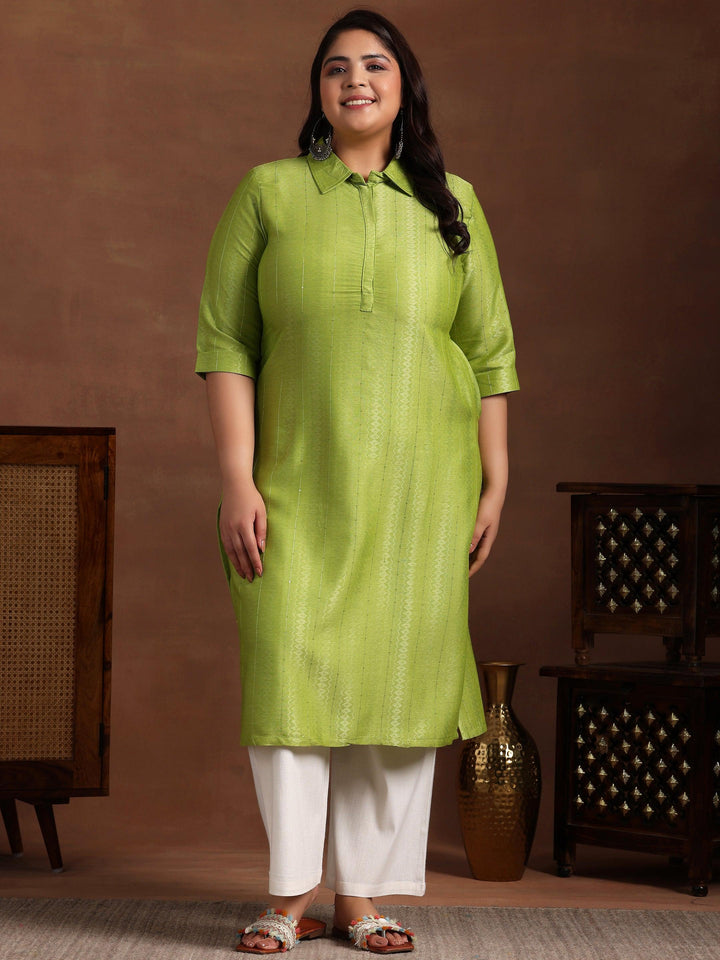 Plus Size Green Woven Design Cotton Straight Kurta - Libas