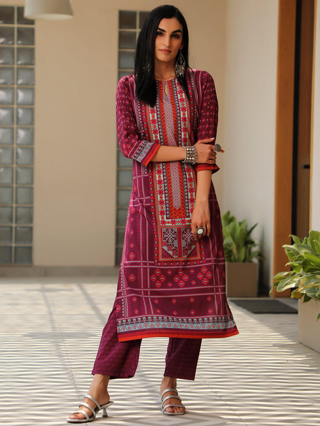 Wine Printed Poly Crepe Straight Kurta Set - Libas 