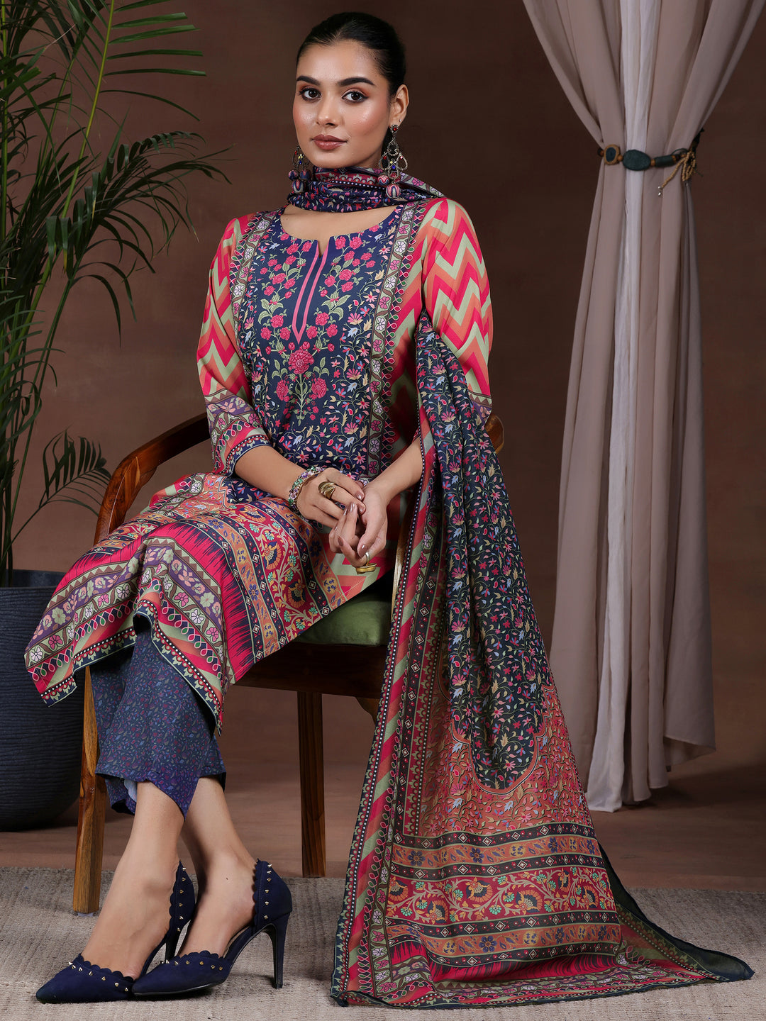 Multi Printed Poly Crepe Straight Suit With Dupatta