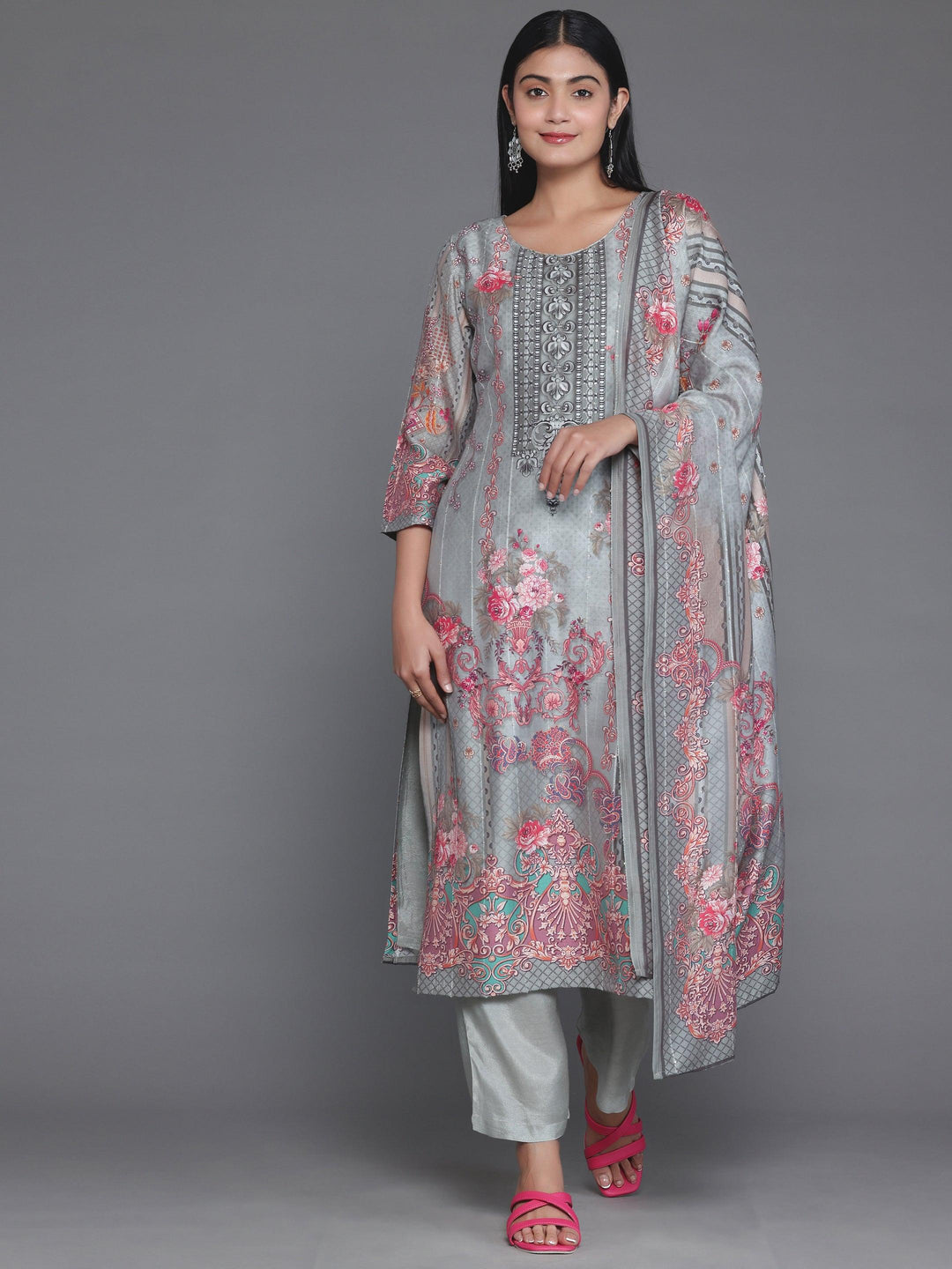 Grey Printed Silk Blend Straight Suit With Dupatta - Libas 