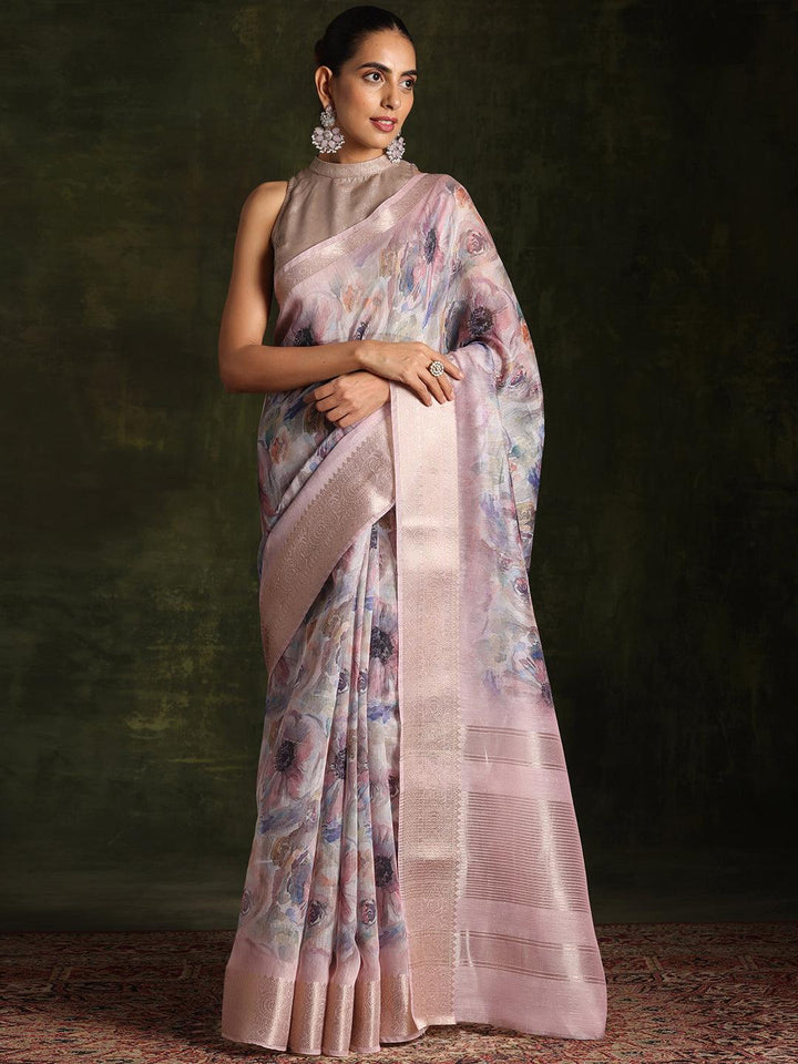 Multicoloured Printed Silk Blend Saree With Unstitched Blouse Piece - Libas