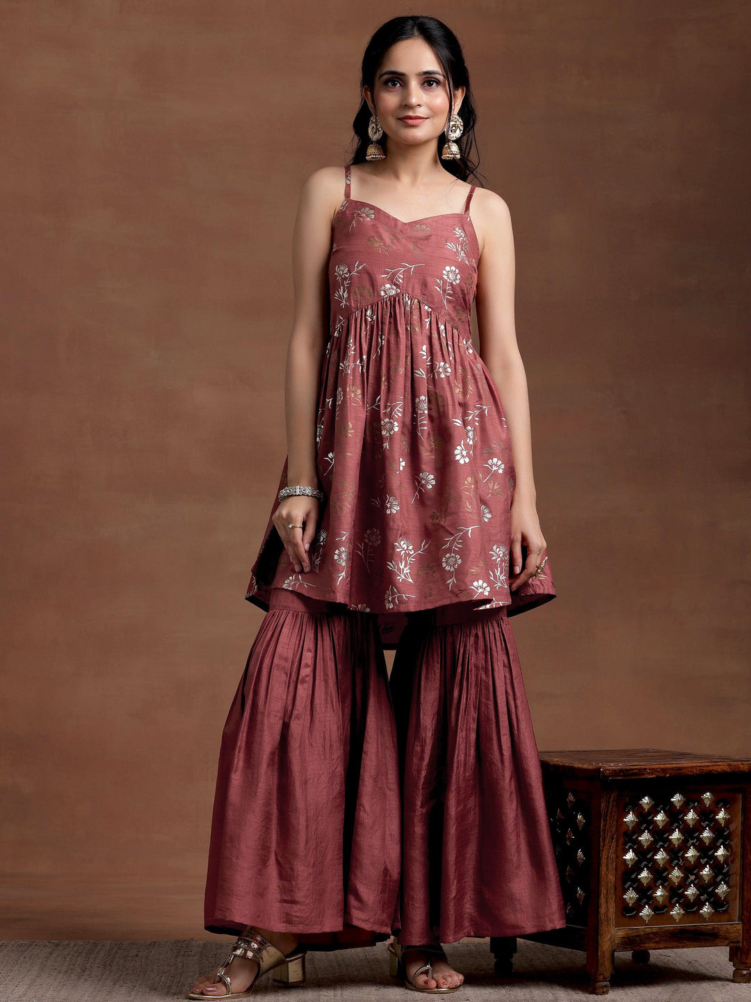 Brown Printed Silk Blend A-Line Kurta With Sharara - Libas